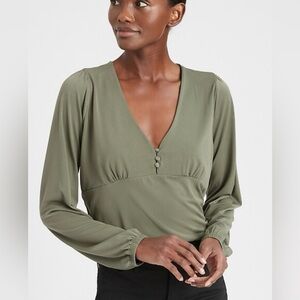 Banana Republic Crepe Button Front V-Neck Sage Green Top, small